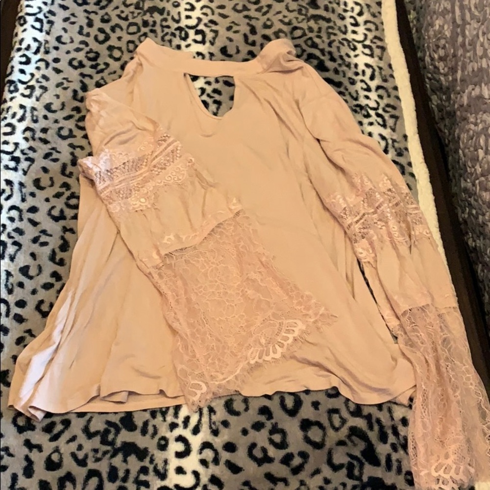 Blush pink blouse with lace sleeves